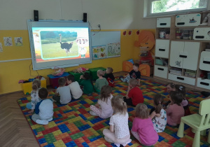 Dzieci oglądają film edukacyjny o zwierzętach