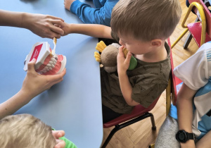 Dzieci szczotkują zęby na specjalnym modelu szczęki
