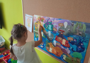 Dziewczynka przykleja sylwetę Śmieszki na plakat projektowy