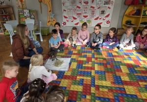 dzieci słuchają ciekawostek z życia małego kangurka