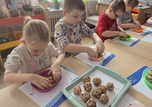 dzieci lepią kule dla ptaków