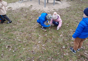 Dzieci porządkują ogród przedszkolny