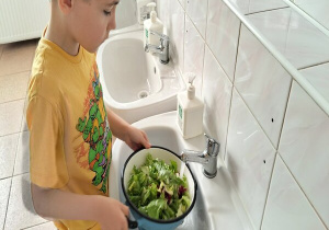 chłopiec myje sałatę