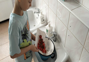 chłopiec przesypuje pomidorki koktajlowe do sitka