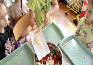 chłopiec zrzuca z tacki pokrojoną cebulkę