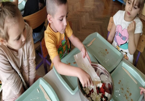 chłopiec zrzuca z tacki pokrojoną cebulkę