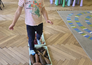 dzieci tworzą jesienną ścieżkę sensoryczną
