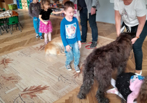 Dzieci wykonują zadania sprawnościowe z psami