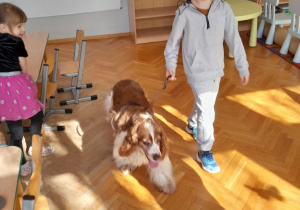 Chłopiec prowadzi psa na smyczy
