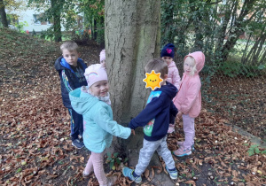 Dzieci mierzą obwód drzewa w ogrodzie przedszkolnym