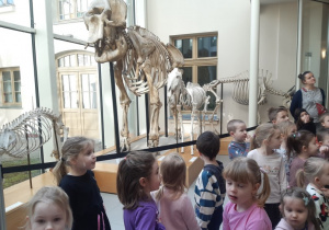 Dzieci oglądają szkielety prehistorycznych zwierząt