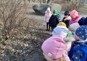 Dzieci w parku oglądają pierwsze wiosenne kwiaty