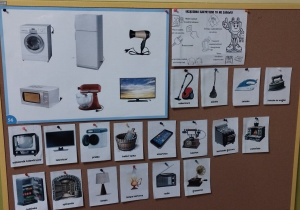 Tablica dydaktyczna z urządzeniami domowymi.